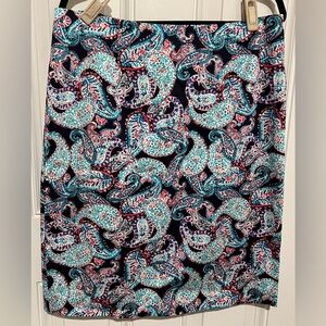 Talbots Knee Length Blue & Pink  Paisley Pencil Skirt Back Zip Stretch Size 14W